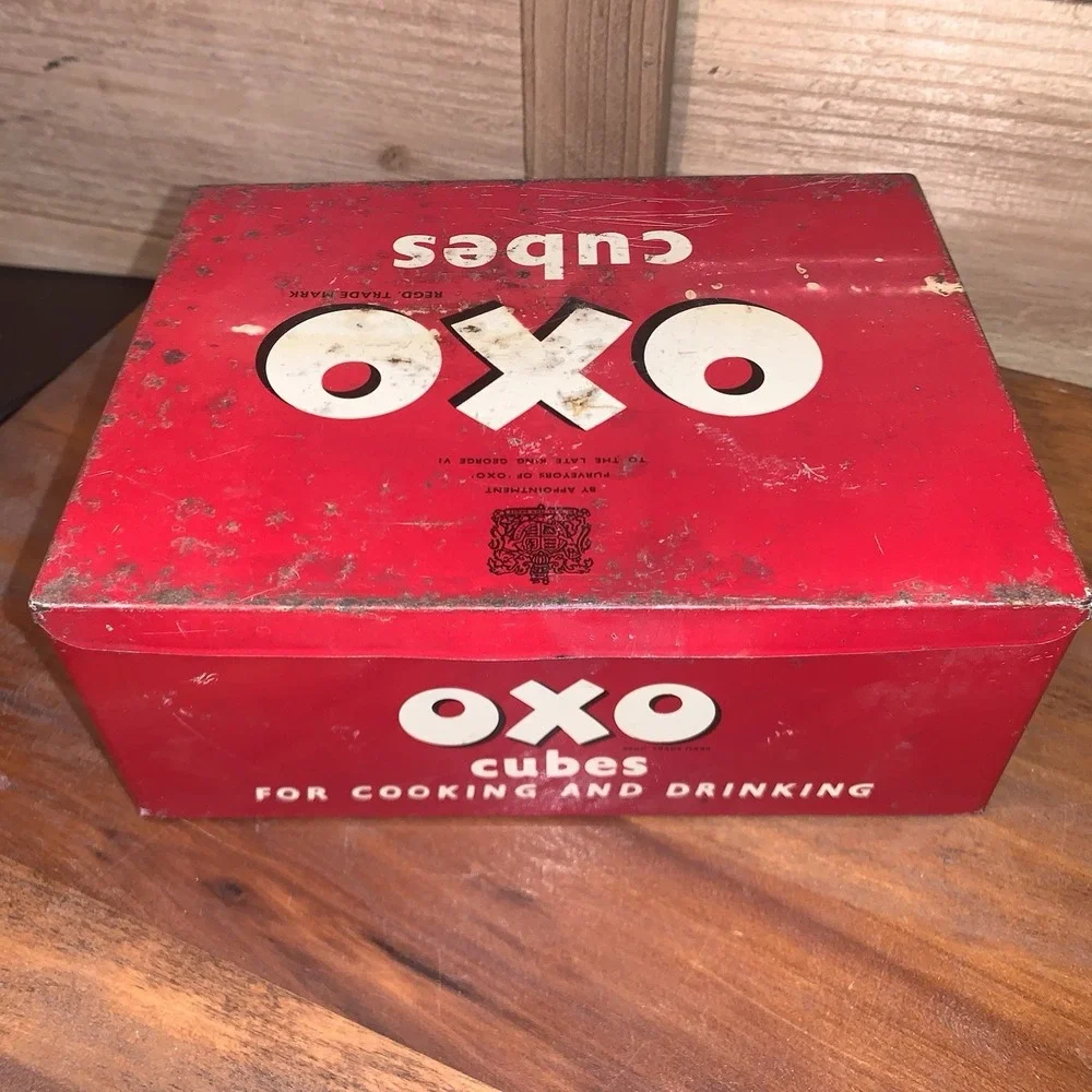 Vintage Old OXO Cubes Red Metal Tin Box & Lid King George VI Collectible Cooking